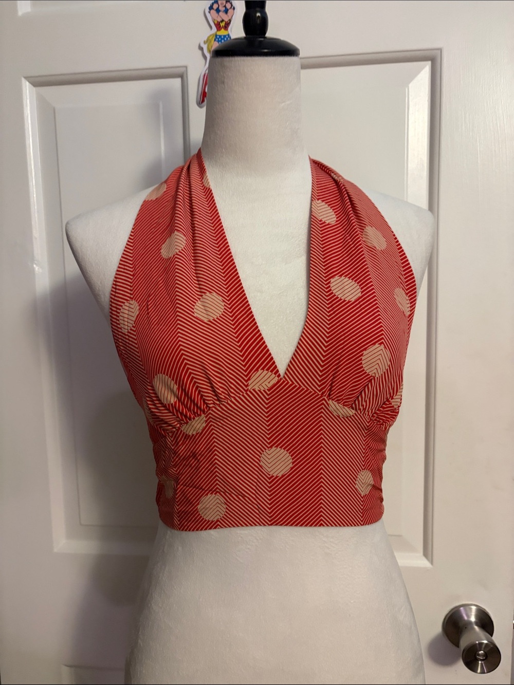 L.A.M.B. Coral Halter Crop Top with Beige Polka Dots